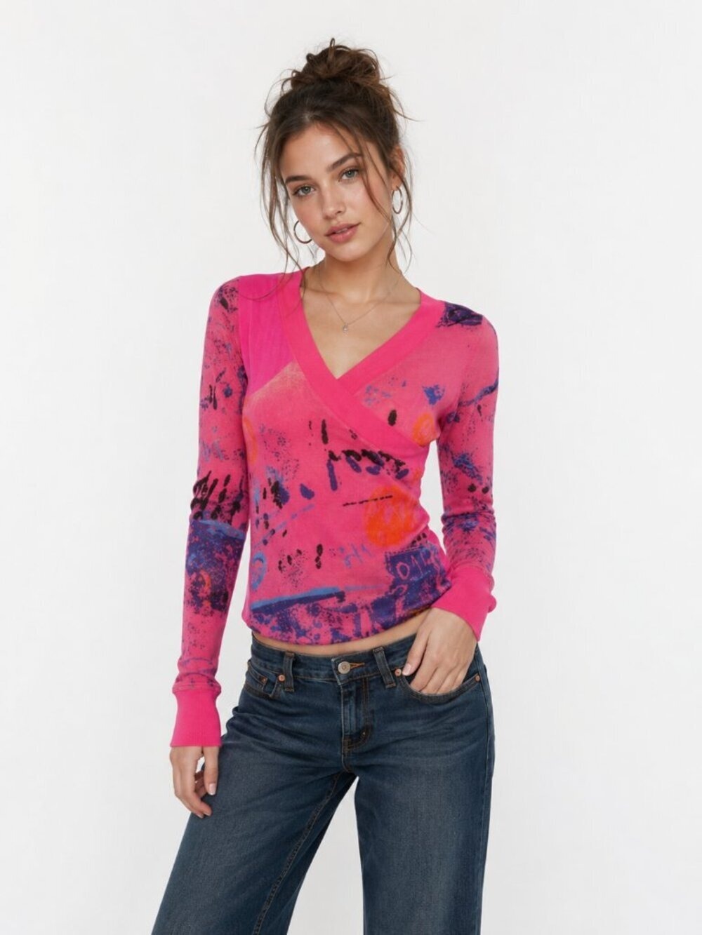 Lulu H Pink & Purple Abstract Long Sleeve Top – Size XS